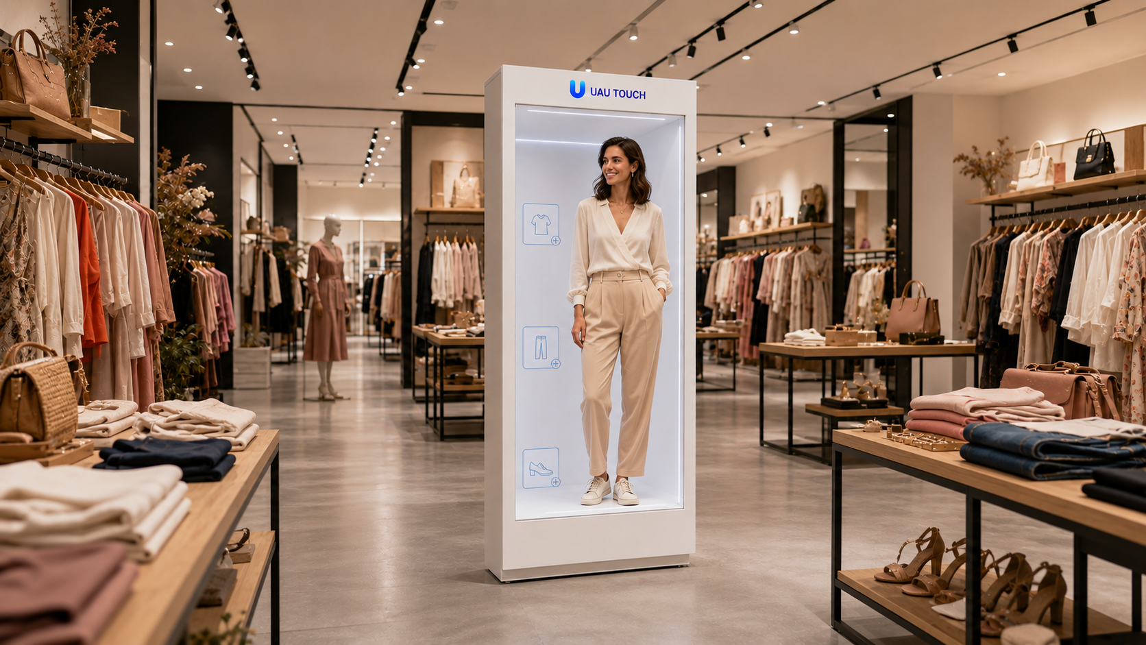 UAU Touch posicionada no corredor de uma loja de moda feminina