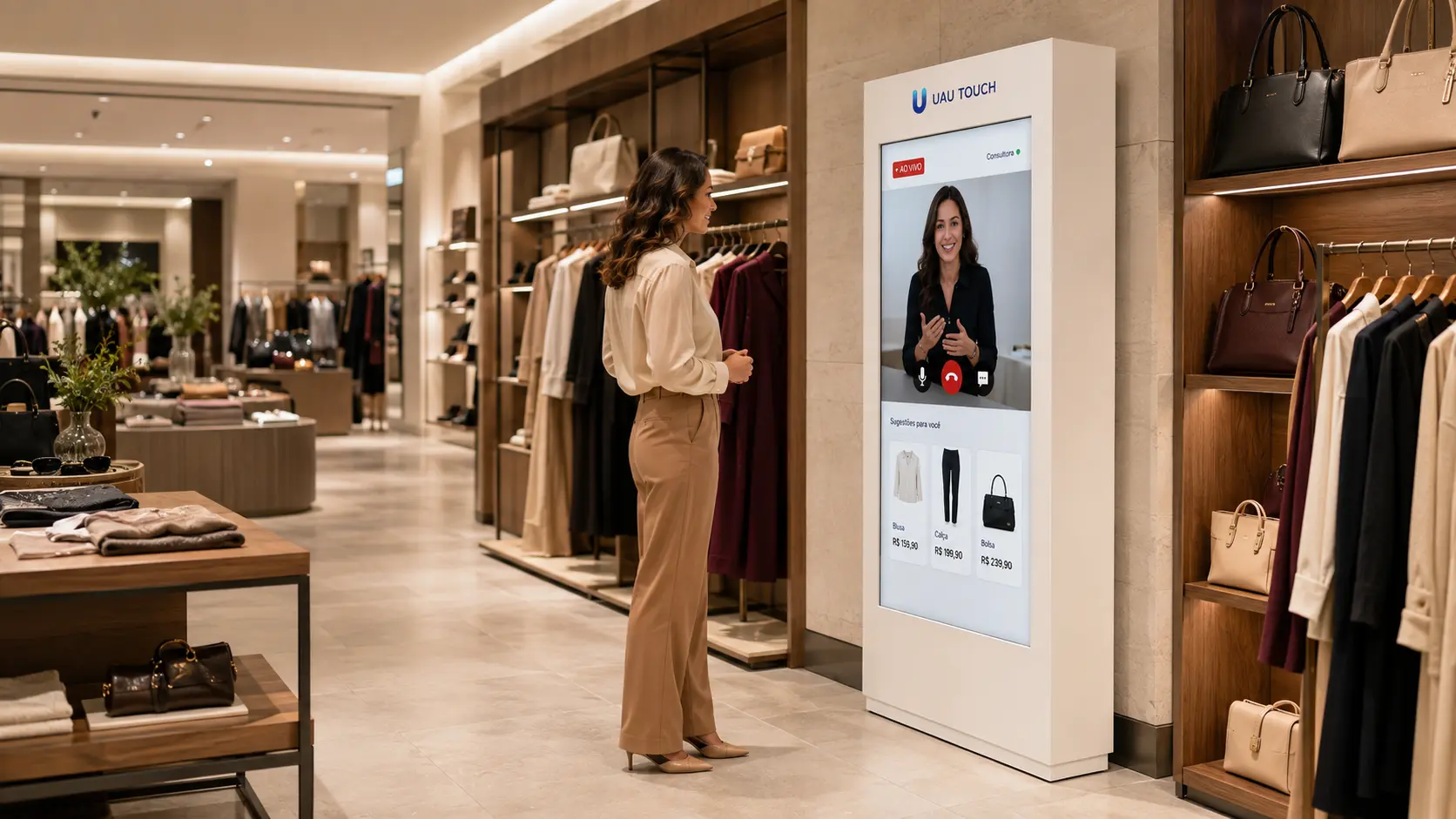 Cliente conversando com uma consultora pela UAU Expert em uma boutique