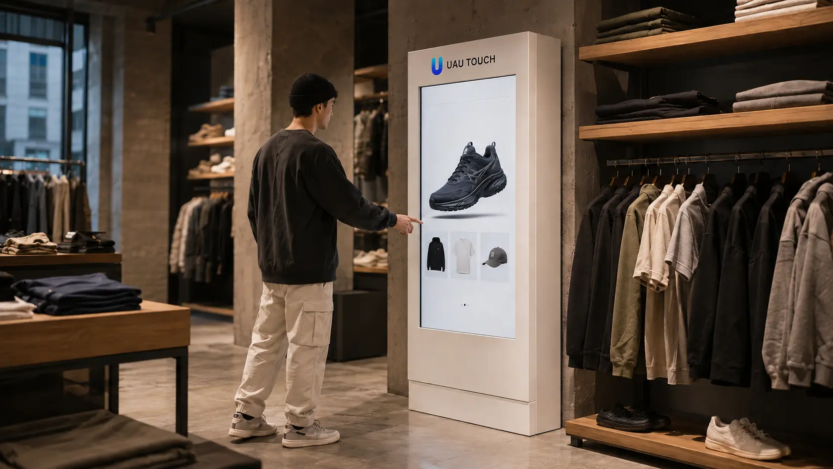 Shopper explorando produtos na UAU Media em uma loja de streetwear