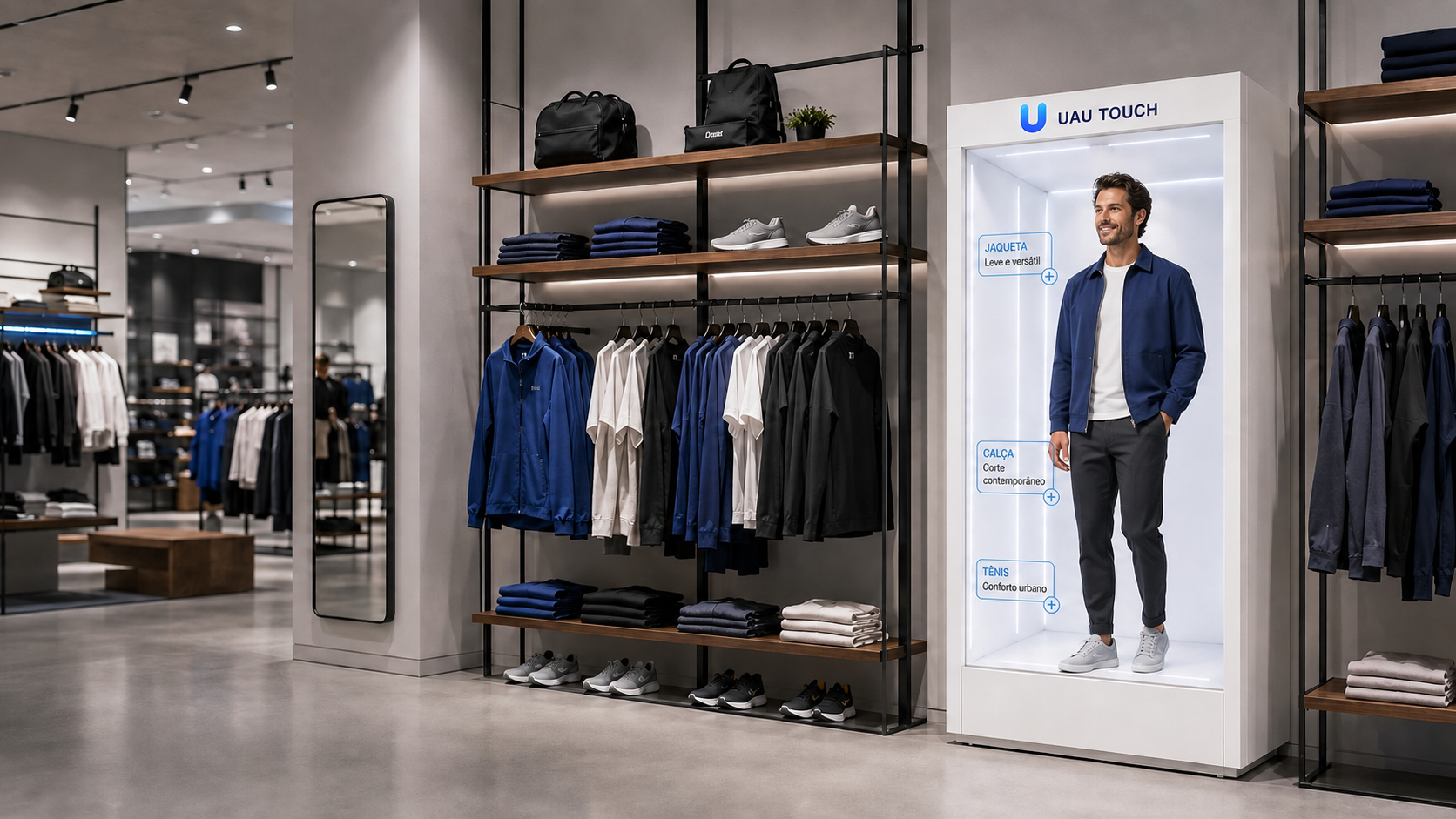 UAU Touch integrada às araras de uma loja de moda masculina